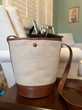 J. Crew Beige Canvas and Brown Leather Bucket Shoulder Bag